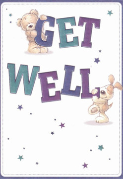 A sense of nurturing warmth infuses every detail of this charming get well card, as if it were designed for someone recovering in the tranquil corners of Yiewsley. At the forefront, a huggable teddy bear nestles protectively atop the bold 'GET'-its fur rendered in plush, soft-edged brushstrokes-while a floppy-eared puppy offers a cheerful presence below, nose brushing against the rounded 'WELL' letters. The text, alive in shades of deep purples and calming teals, is surrounded by dancing stars in cobalt and amethyst, scattering cheer across a pristine white background reminiscent of clean, sunlit rooms along Trout Road. The composition feels carefully arranged, each playful detail echoing the thoughtful craftsmanship seen in the arrangements prepared daily by Yiewsley Florist. The animal friends' joyful energy and the stars' subtle sparkle conjure feelings of hope and light-hearted encouragement, similar to the lift that comes from receiving fresh blooms from a trusted local flower shop. Sending this card, together with a radiant bouquet delivered across Yiewsley, is a heartfelt way to remind friends and family they're cherished and supported throughout their recovery.