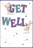 Overflowing with cheerful optimism, this get well card features two adorable companions-a cuddly bear and a merry puppy-each embracing the vibrant, oversized letters of 'Get Well' with playful affection. The scene is set against a pristine cream background, allowing the deep indigo and dusky teal text to sing, while a scatter of twinkling stars in cool blues and violets spills across the card like wishes cast into the evening sky above Yiewsley's canal bridges. The illustration's plush textures and rounded shapes conjure a feeling of comfort-soft as a freshly picked spring bouquet from Yiewsley Florist. The bear's gentle eyes and the puppy's lively pose combine to deliver not just a message but an atmosphere of hope, warmth, and childlike sincerity. As in a thoughtfully arranged floral gift sent to a loved one in Yiewsley, every pictorial detail is placed with the intention to soothe and encourage, making this card an uplifting gesture to accompany any recovery, brimming with the heart and kindness of our local community.