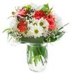 Capturing the vibrant energy of Yiewsley, this bouquet is a lively yet elegant arrangement perfect for any occasion. Dominant coral carnations form the heart-with tousled, ruffled petals echoing the playful spirit of morning markets on Yiewsley's High Street. White daisies, their green centres bright and welcoming, nestle amidst multi-petaled white chrysanthemums, all softened by airy sprays of baby's breath. Gentle alstroemeria buds of magenta hint at blooms yet to come, lending depth and anticipation. Broad, lush green leaves cradle the bouquet, with tendrils of finer foliage peeking between blossoms; their combination gives the bouquet a fresh-from-the-garden feel. Resting in a sparkling clear glass vase with stems basking in clean water, the entire display glows under soft, diffused light. Every detail, from petal edges to glistening greenery, is accentuated-making this arrangement ideal for marking milestones, sending gratitude to a friend across Harmondsworth Road, or simply bringing a breath of floral cheer into a Yiewsley home.